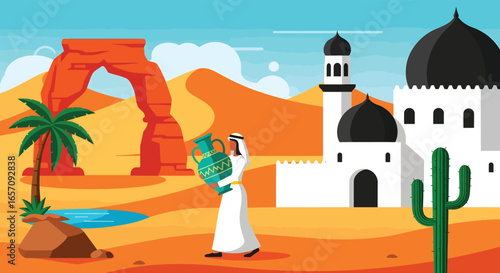 Vector art of man carrying water jug in desert oasis near mosque and rock arch