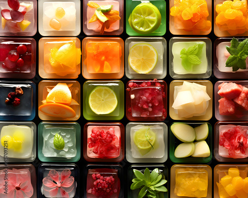 Vibrant assortment of colorful fruit jellies presented in various shapes and flavors arranged in a neat grid pattern