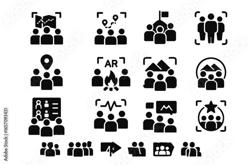 Group icons route friend synchronized hiking badge photo virtual icon ar vector