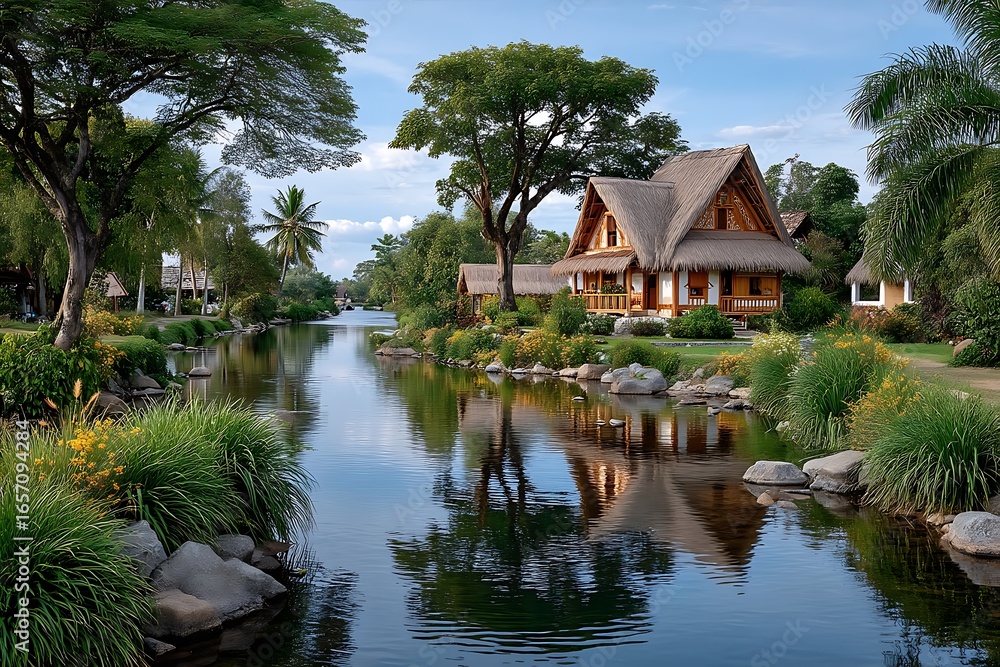 Obraz premium Lush riverbank lined with native flowers high resolution picture