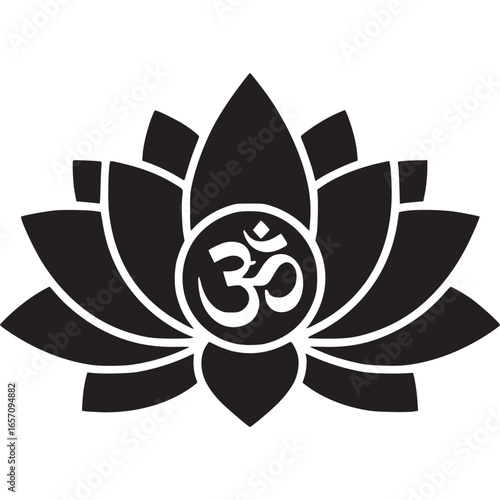 Black lotus flower with om symbol isolated on white background, representing hinduism, spirituality, yoga, and meditation practices