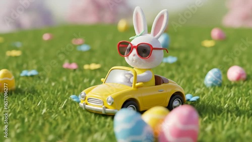 Cute Bunny Wearing Sunglasses Driving Small Yellow Car Through Colorful Easter Egg Garden