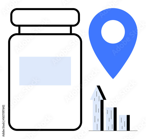 Medicine jar, blue location marker, and upward growth chart. Ideal for healthcare, medicine, delivery, progress, pharmacy services, logistics research simple landing page