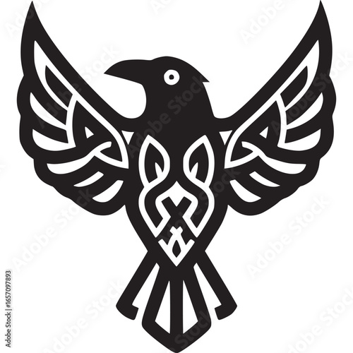 Raven vector illustration isolated on white background, a simple and minimal design of a bird with celtic knot, perfect for logo, icon, or decoration