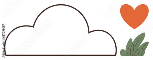 Abstract cloud outline paired with orange heart and green leaves suggesting harmony of love and nature. Ideal for environment, affection, simplicity, mindfulness, community, positivity