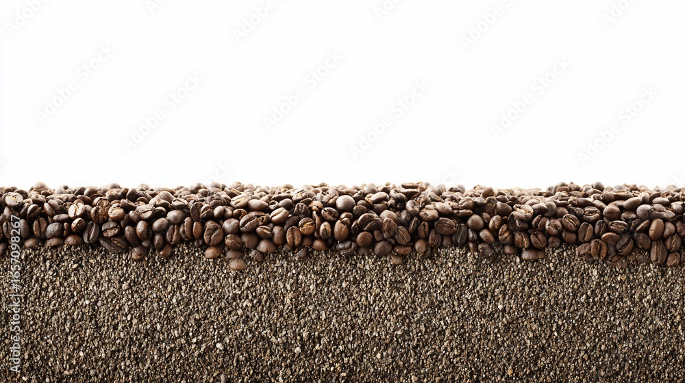 Obraz premium Coffee Beans and Ground Coffee Texture Close Up in Natural Light