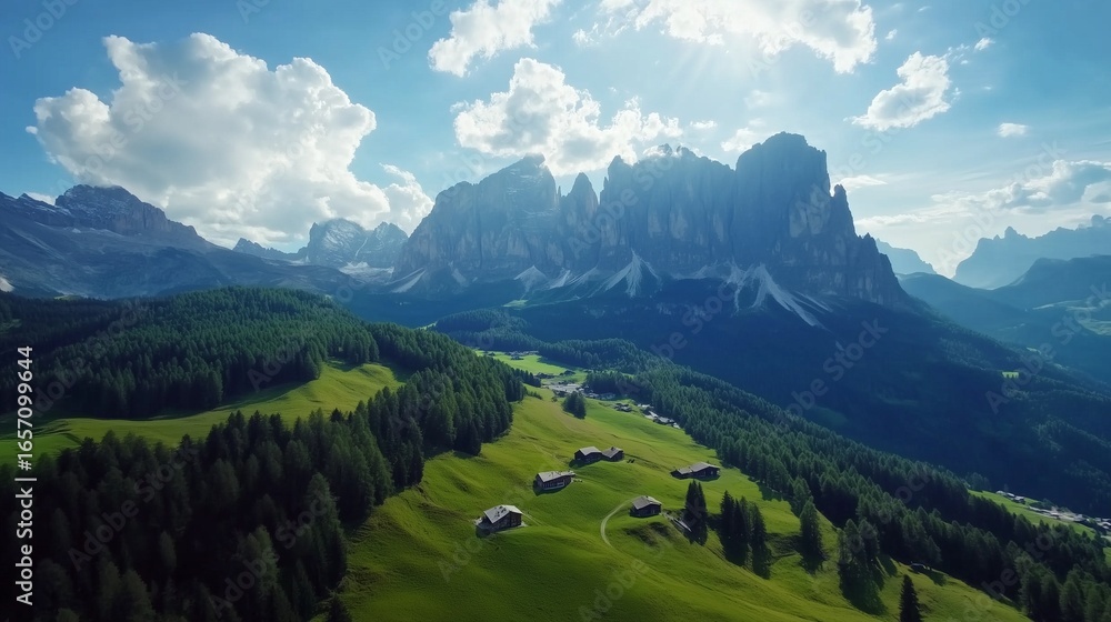Obraz premium Village in dolomites. Realistic journey video of valleys and meadows. A mountain range in south of europe is the wolfenstein tyrol and the selva dolomites. The hamlet in the dolomite lifestyle.