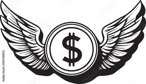 The Wings of Fortune: An artistic representation of a dollar symbol encircled by elegantly outstretched wings, symbolizing financial prosperity, aspiration, and freedom.
