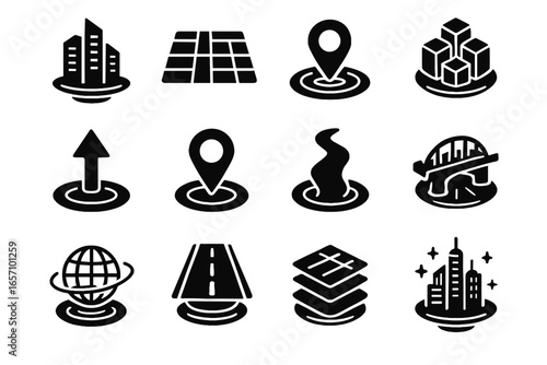 Vector icons icon marker augmented futuristic city globe lanes grid layered river