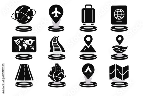 Globe vector augmented airplane travel icon symbol icons track pins train holographic
