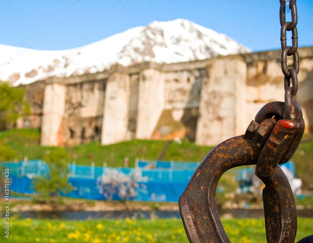Fototapeta premium Rusty hook on chain against ancient wall