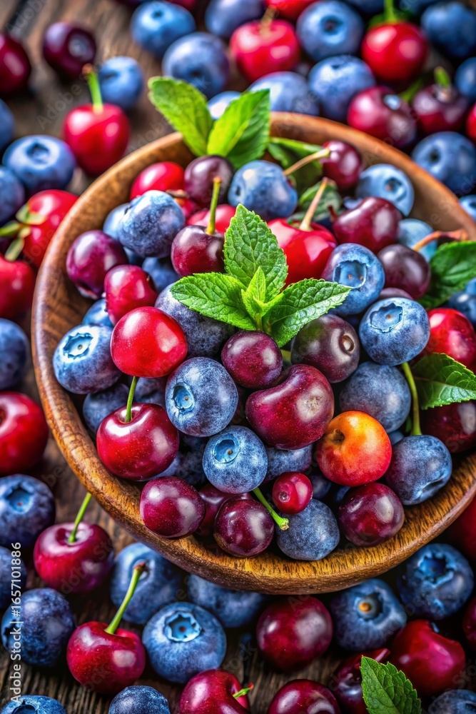 Fototapeta premium Vibrant and juicy still life of fresh sour blueberries, red cranberries and dark cherries, ideal for healthy eating, superfood and nutrition themes