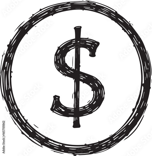 Dollar Sign Icon: A stylized dollar sign enclosed within a hand-drawn circular frame, symbolizing finance, economy, and currency.