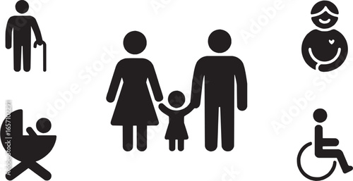 Family silhouette icon set. Vector glyph pictograms of parents, child, people, community, relationship, love, social care, parenting, safety, family values, human connection black illustration