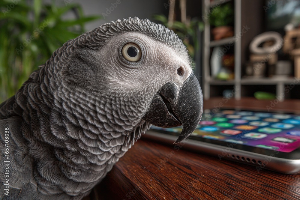 Obraz premium African Grey Parrot observing modern smartphone on a dark wooden table.