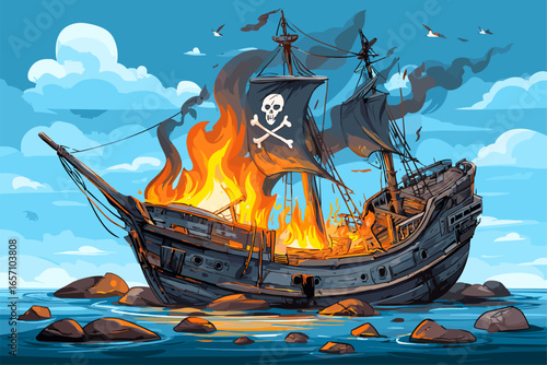 Fiery Pirate Ship Wreck on Rocky Shores in Vibrant Cartoon Style