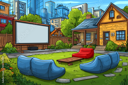 Cozy Outdoor Movie Night Setup in a Suburban Garden with Modern City Skyline