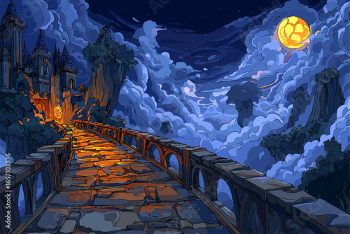 Fantasy Landscape with Mystical Castle and Moonlit Clouds