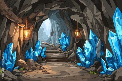 Magical Crystal Cave with Glowing Lanterns and Blue Crystals
