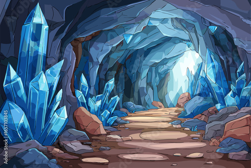 Enchanting Cave with Glimmering Crystals and Rocky Pathway