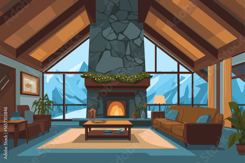 Cozy Mountain Lodge Interior with Majestic Views and Modern Comforts
