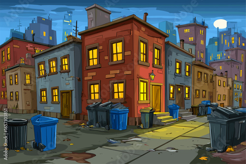 Urban Night Scene with Colorful Buildings and Rubbish Bins
