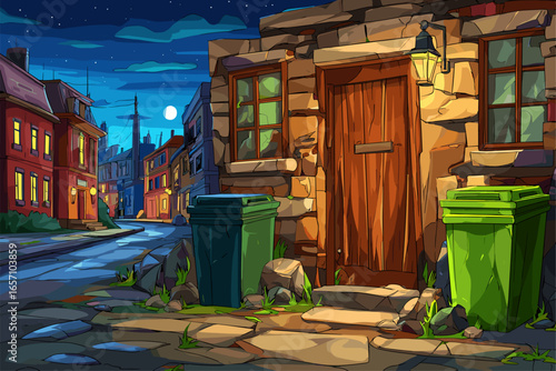 Charming Nighttime Urban Scene with Colorful Buildings and Trash Bins