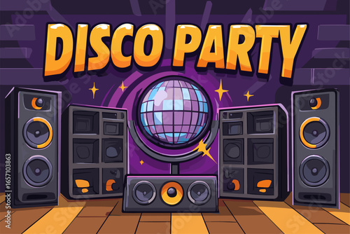 Vibrant Disco Party Scene with Speakers and Disco Ball