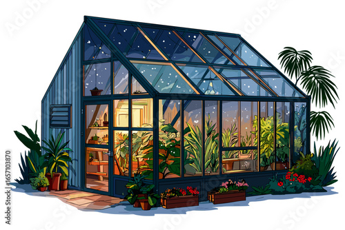 Cozy Nighttime Greenhouse with Lush Plants and Warm Interior Lighting