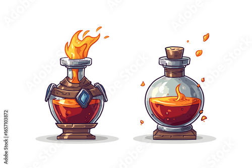 Set of Colorful Fantasy Potion Bottles with Flame Effects