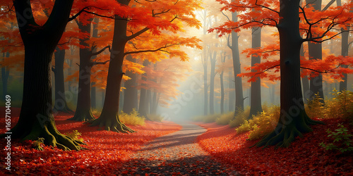 Autumn Forest Glow: Sunlight Through Vibrant Orange Leaves