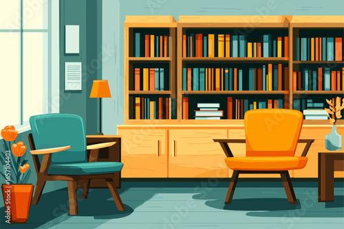 Cozy Retro Living Room with Bookshelves and Stylish Furniture