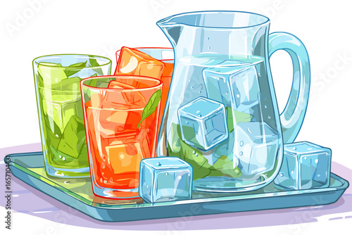 Refreshing Summer Drink with Ice Cubes in Colorful Glasses