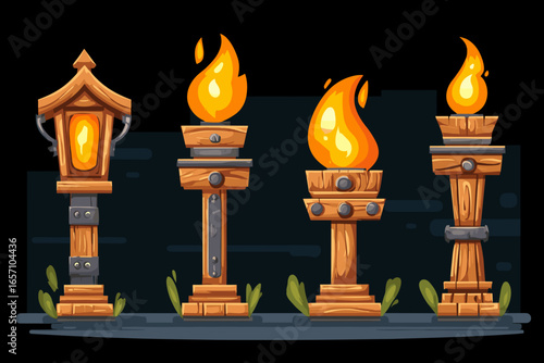 Set of Four Decorative Wooden Torches with Flames for Game Design