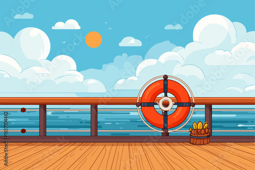 Colorful Seaside View with Lifebuoy and Clouds on a Ship Deck