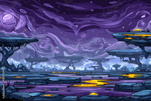 Surreal Fantasy Landscape with Floating Islands and Purple Sky