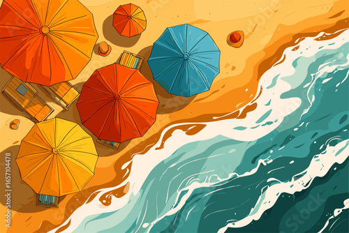 Colorful Beach Scene with Umbrellas and Ocean Waves