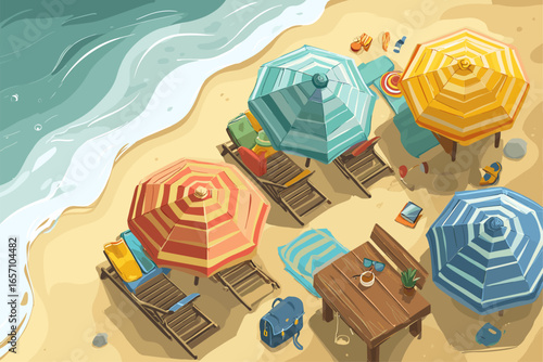 Sunny Beach Scene with Colorful Umbrellas and Loungers for Relaxation