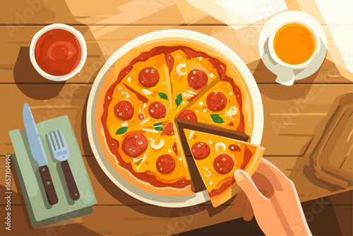 Delicious Pepperoni Pizza Served with Drinks on a Wooden Table