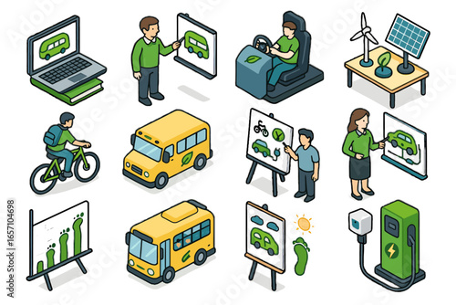 Field simulator teacher transport eco green icon educational vector workshop program renewable