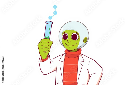 Cientista feliz olhando para uma formula cientifica. Laboratório cientifico. Arte vetorial.