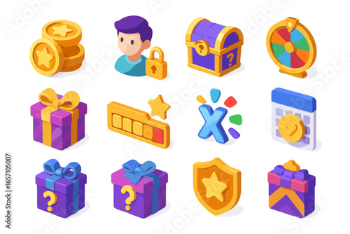 Vector unlockable screen avatars exclusive reward icons gamified mystery gift icon