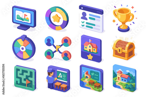 Collaborative learning gamified mission quest wheel trophy vector xp icon portal icons