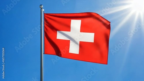Wallpaper Mural Switzerland Flag Flutters in the Wind Under Clear Blue Sky
 Torontodigital.ca
