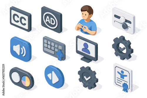 Button vector isometric certificate icon colorblind description compatibility accessibility captioning settings icons