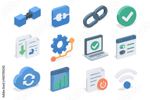 Service isometric icon integration vector api set automation connection compatibility cloud data