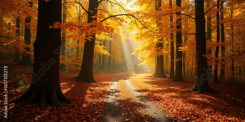 Golden Sunlight in the Autumn Forest
