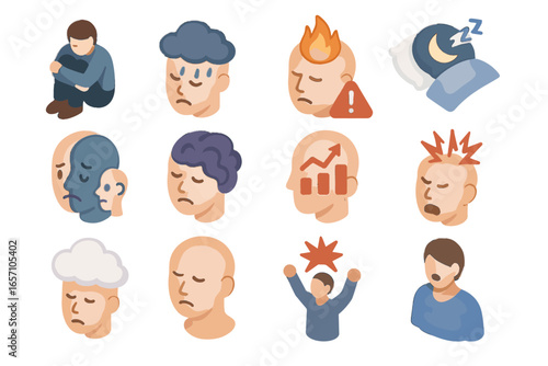 Vector fitness burnout alert negative insomnia overload cognitive icon mental fog isometric
