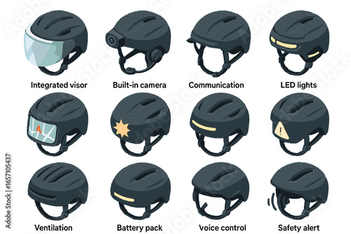 System camera sensor lights helmet smart ventilation control led icon vector safety