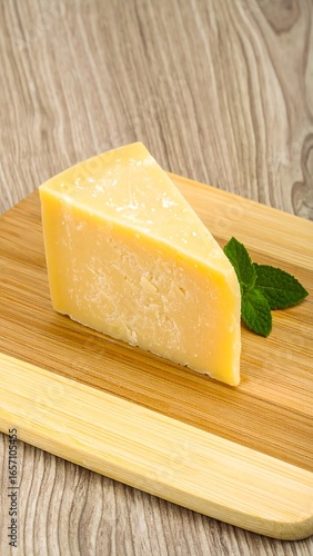 Sharp cheese wedge on a board